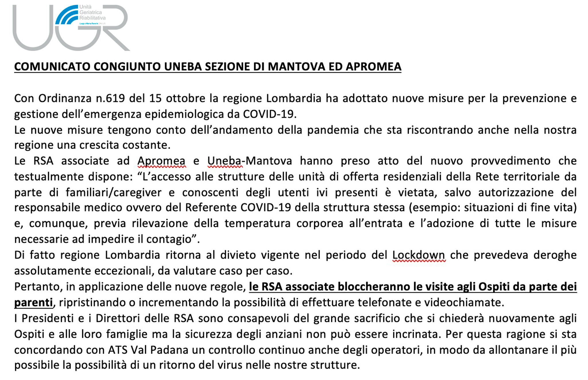 COMUNICATO CONGIUNTO UNEBA SEZIONE DI MANTOVA ED APROMEA