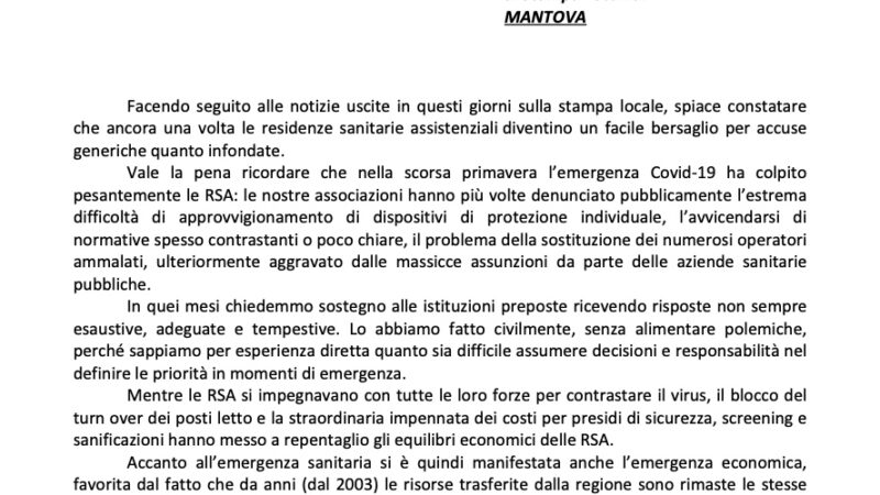 COMUNICAZIONE CONGIUNTA DI UNEBA ED APROMEA MANTOVA IN MERITO ALLE RECENTI NOTIZIE USCITE SUGLI ORGANI DI STAMPA LOCALI