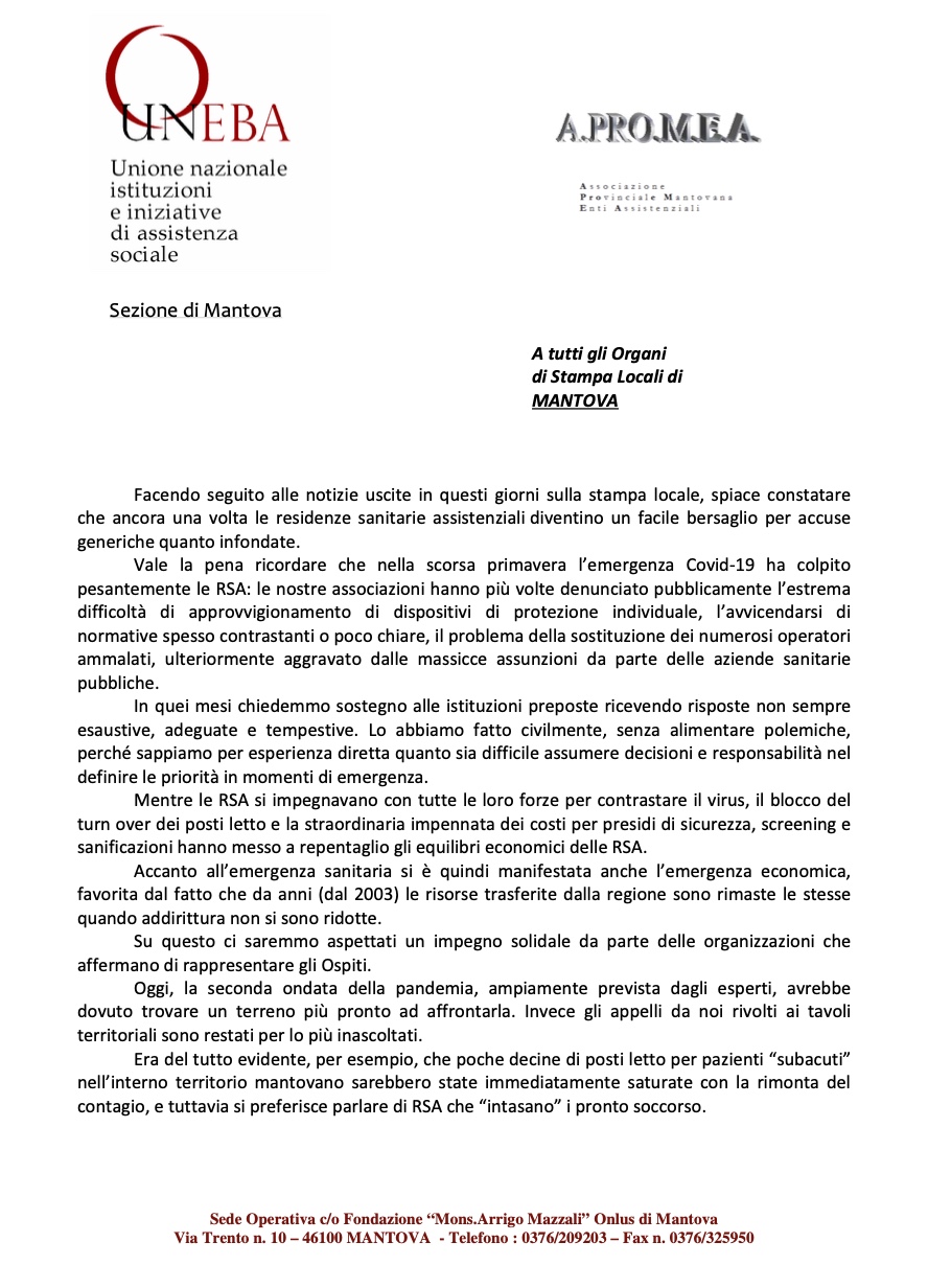 COMUNICAZIONE CONGIUNTA DI UNEBA ED APROMEA MANTOVA IN MERITO ALLE RECENTI NOTIZIE USCITE SUGLI ORGANI DI STAMPA LOCALI