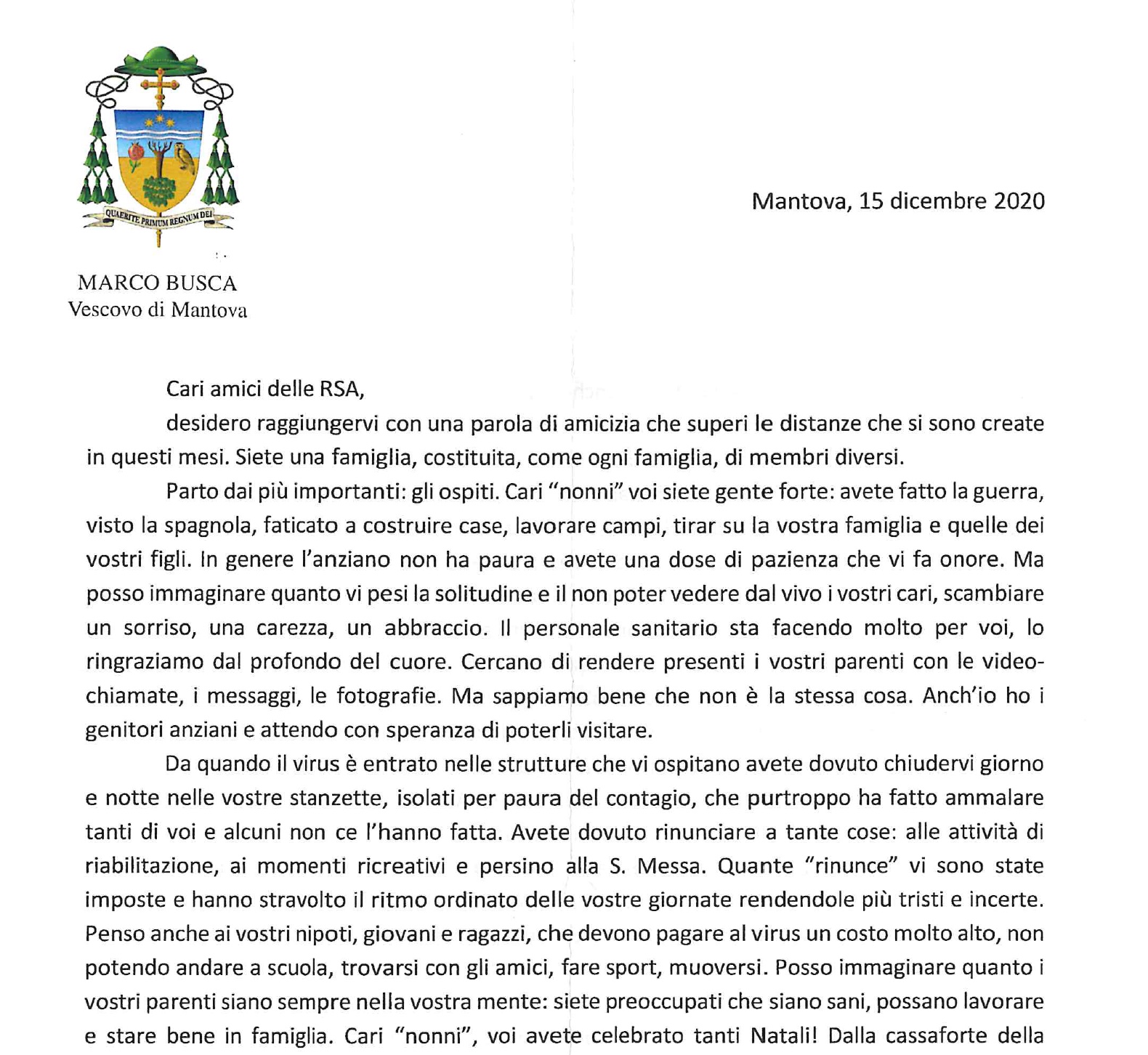 La lettera di vicinanza ad Ospiti ed Operatori delle RSA mantovane da parte di S.E. Marco Busca Vescovo di Mantova