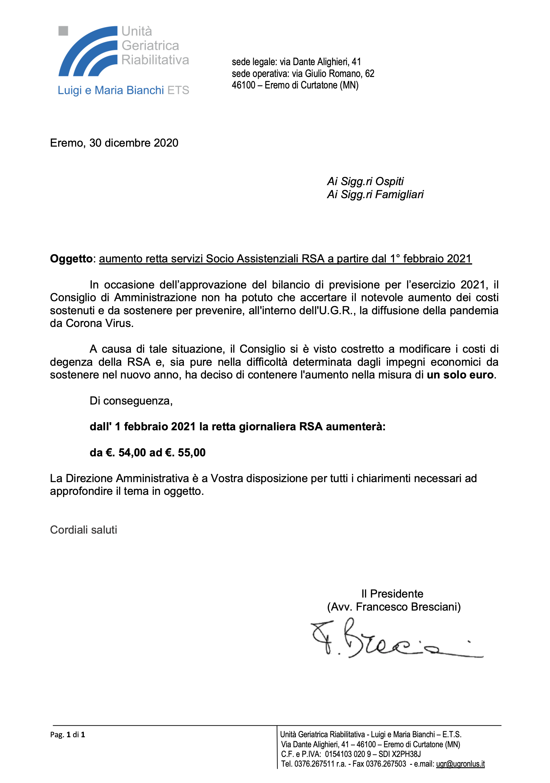 Aumento retta servizi Socio Assistenziali RSA a partire dal 1° febbraio 2021